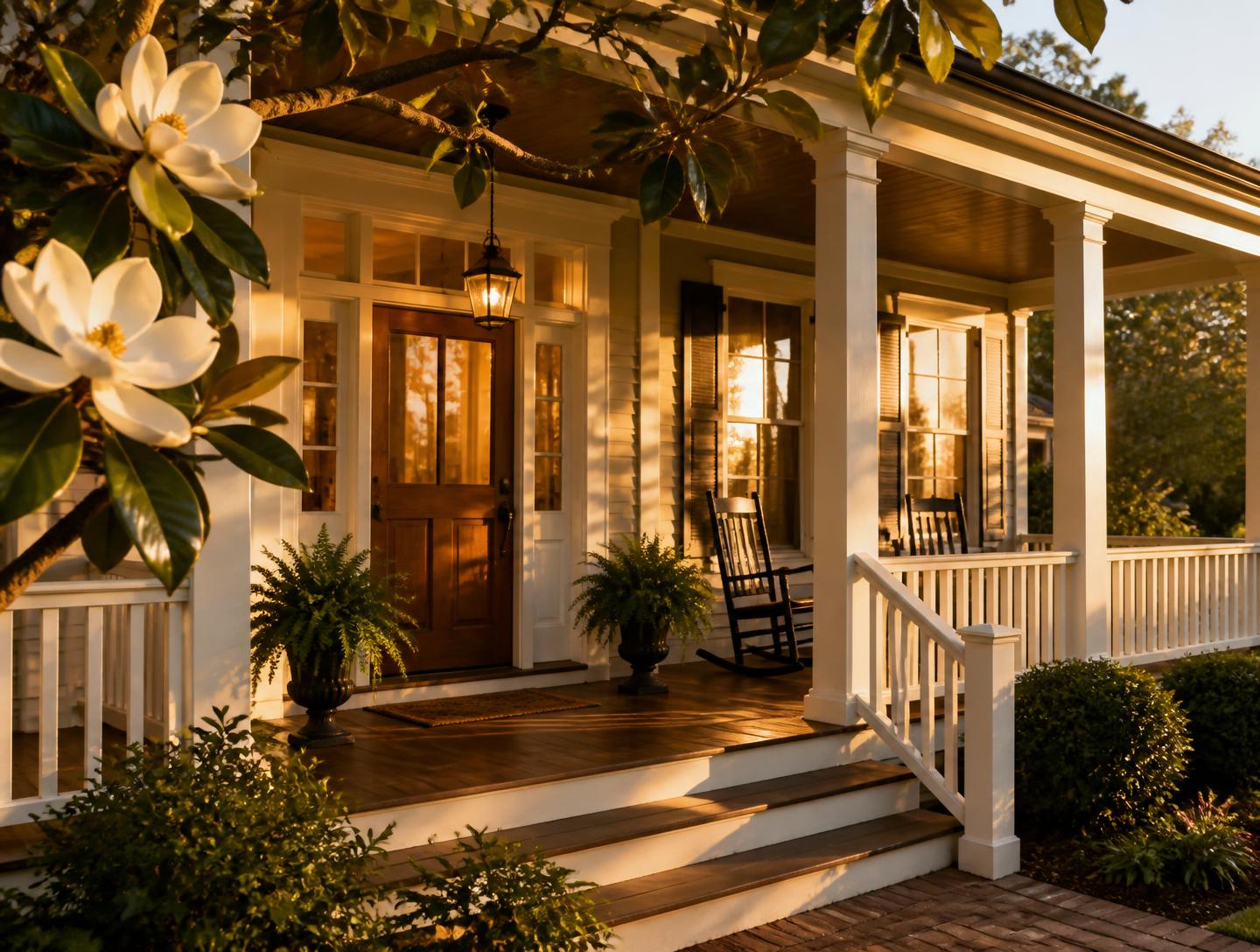 Golden-hour front porch of a well-kept southern home with magnolia blossoms